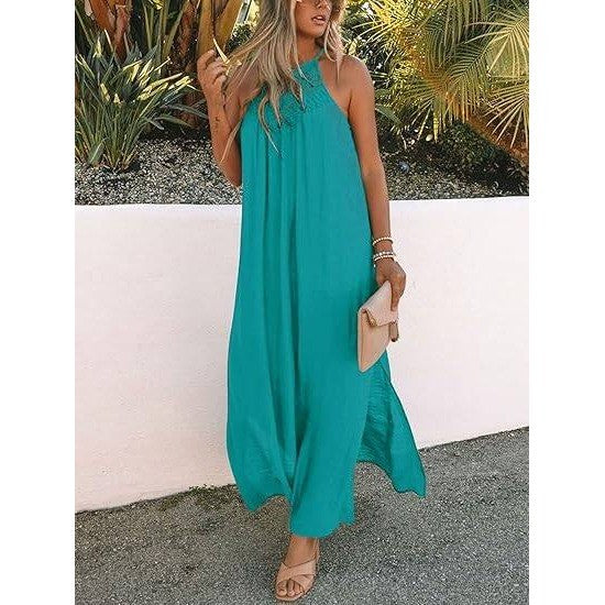 MSRP $52 FARORO Women's XL Peacock Sleeveless Long Dress Boho Halter Maxi