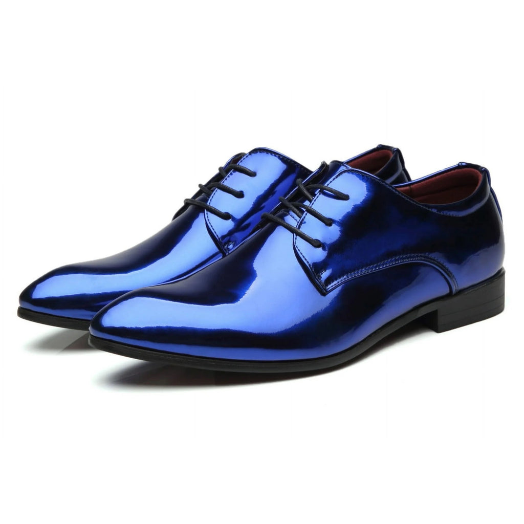 Santimon Men's US 7 - 11 Blue Patent Leather Shiny Derby Pointed Toe Shoes