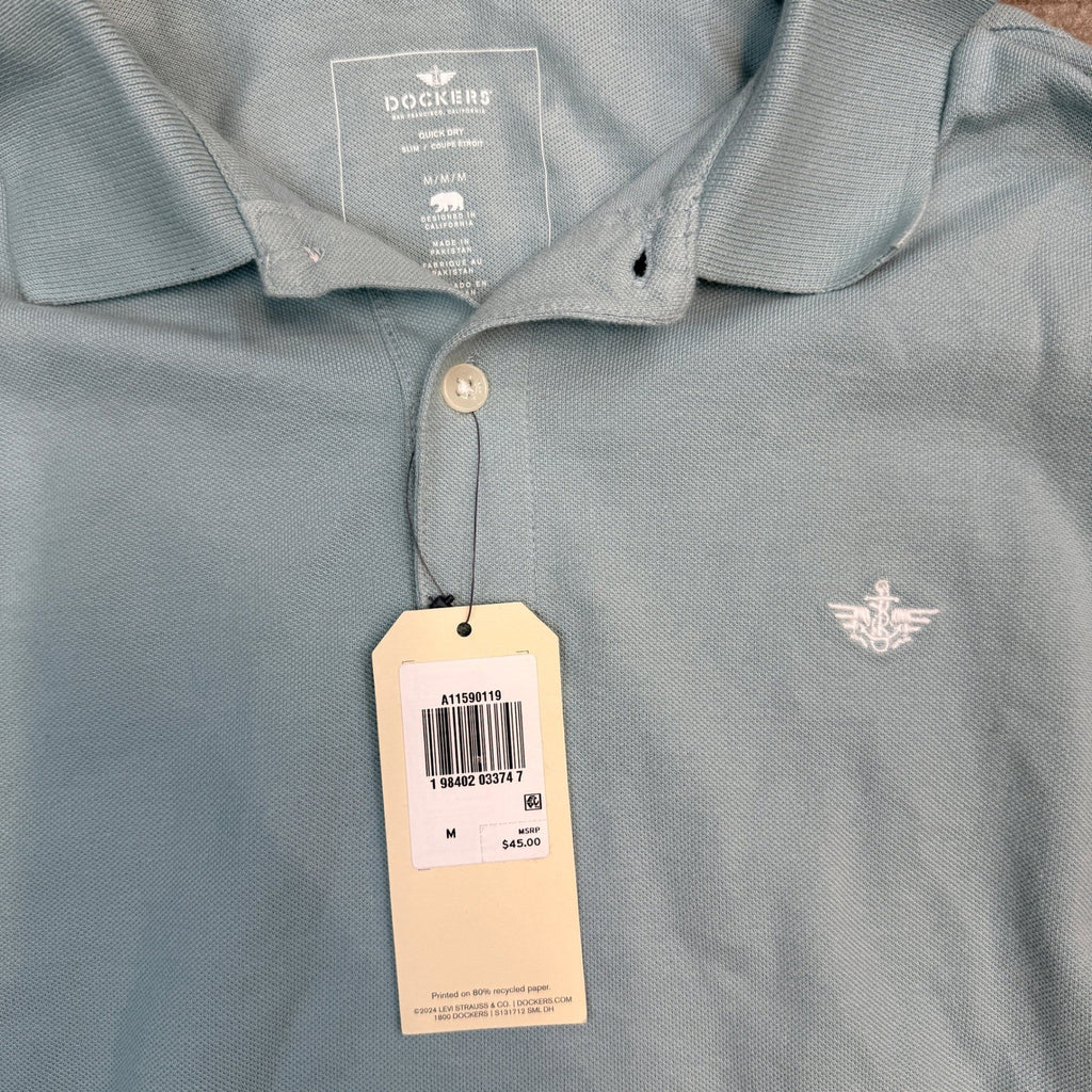 MSRP $45 Dockers Men's Sz M Blue Slim Fit Quick Dry Polo Shirt Short Sleeve