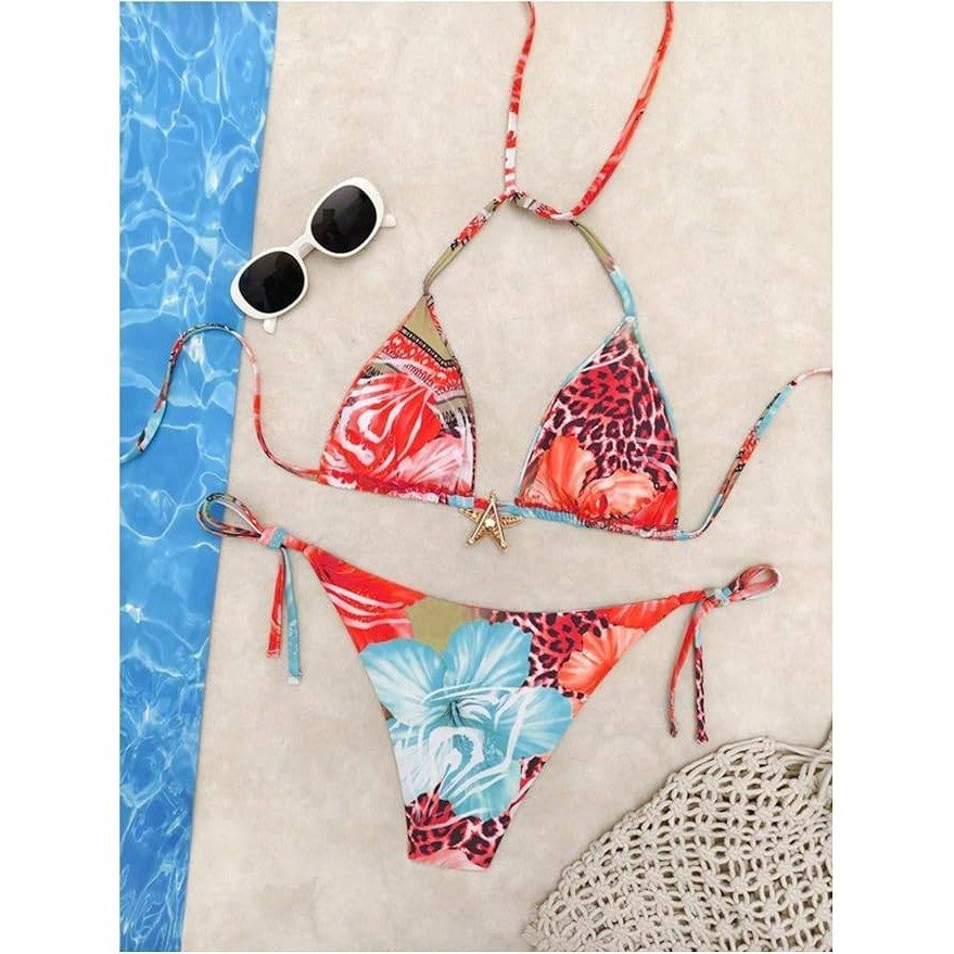 MSRP $44 RoseSeek Women's XS 2 Piece Leopard Floral Bikini Set Halter Triangle