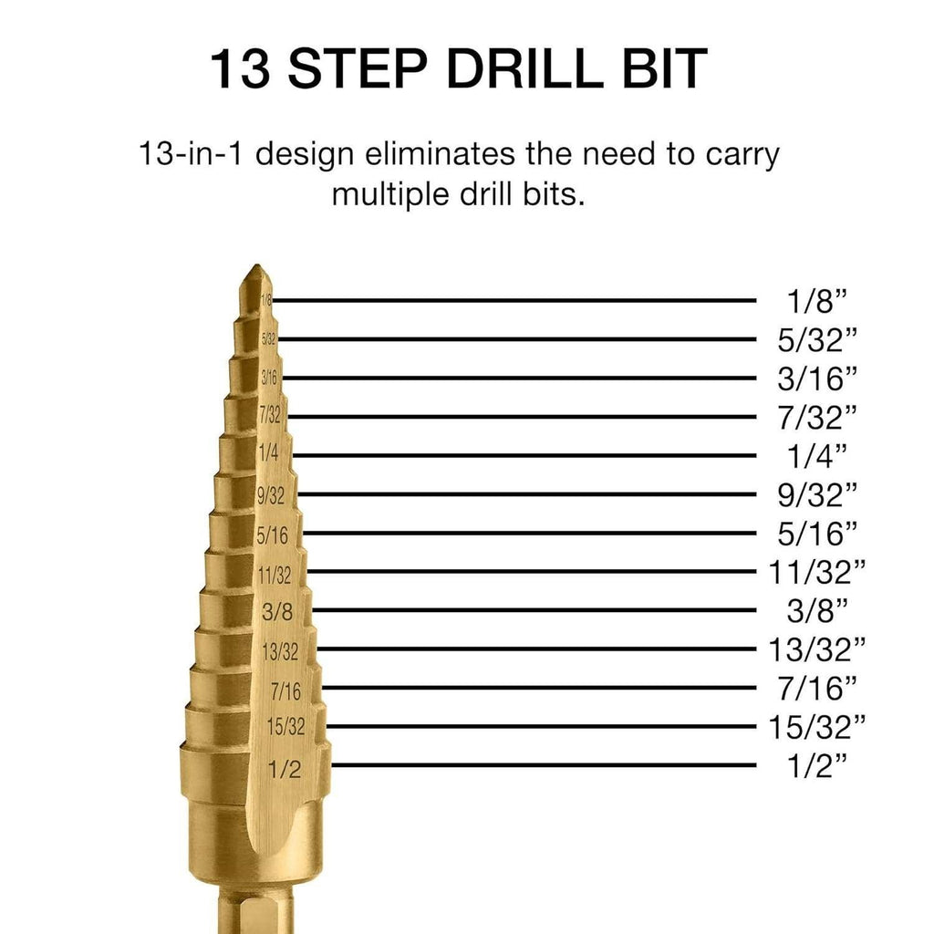 NEIKO 10182A Titanium Step Drill Bit, 13 Sizes 1/8"–1/2" High-Speed Alloy-Steel