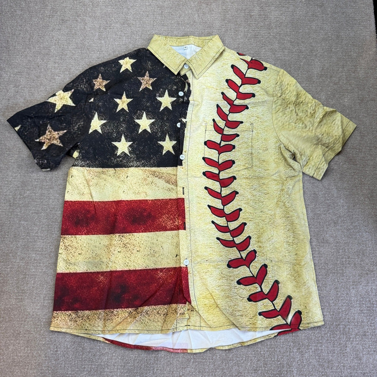 Men's M American Flag Baseball Button Up Shirt Short Sleeve USA Patriotic Casual