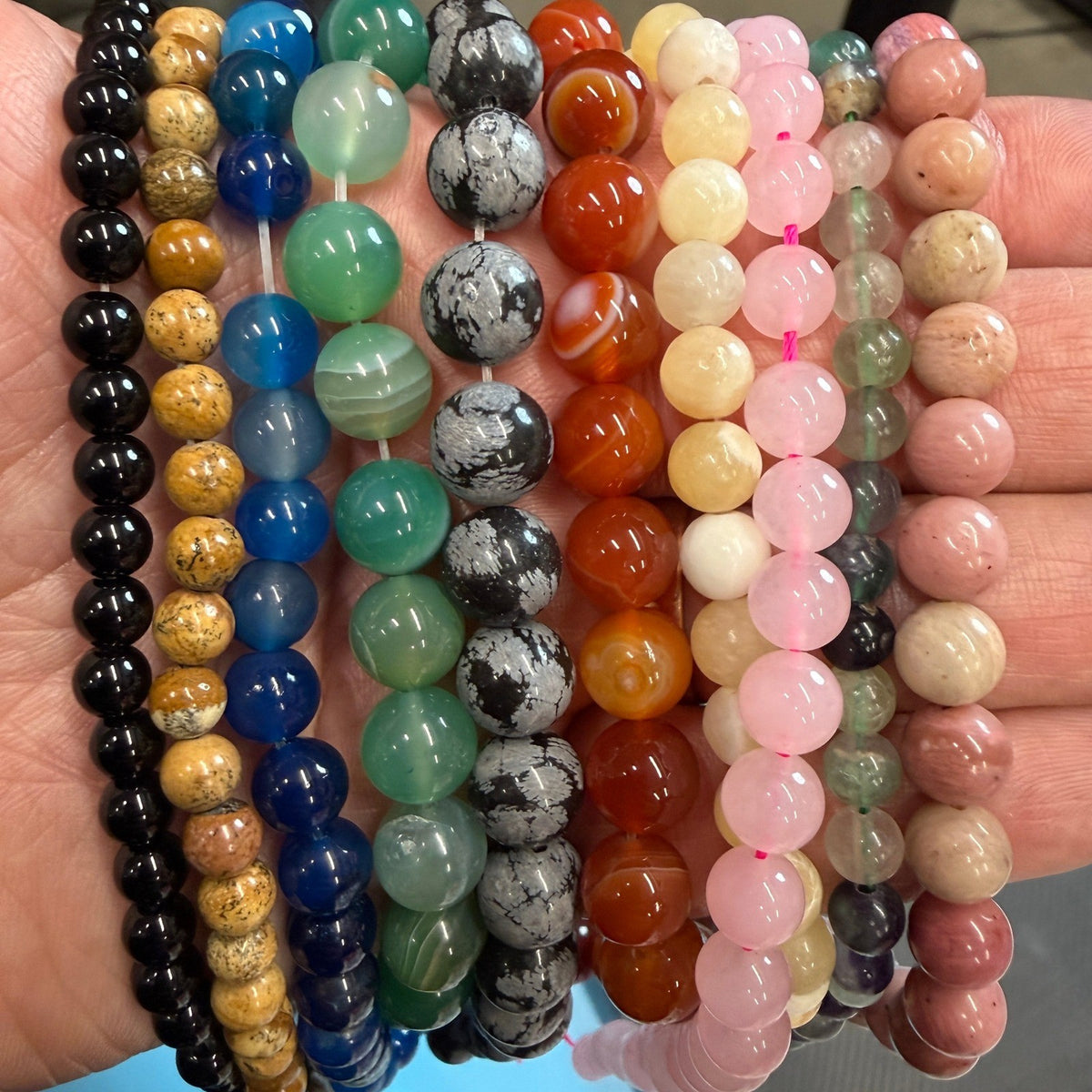 Set of 10 Natural Gemstone Round Beads Strands 15" Sizes 6,8,10 mm 14oz №B10