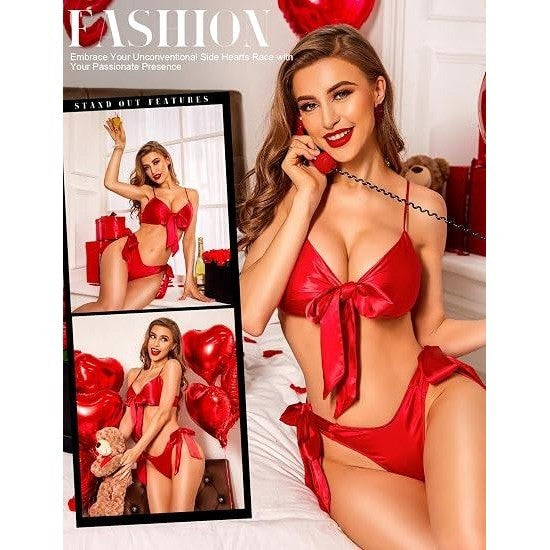 MSRP $36 RSLOVE Women's M Red Two Piece Sexy Lingerie Set Satin Bow Tie Bra