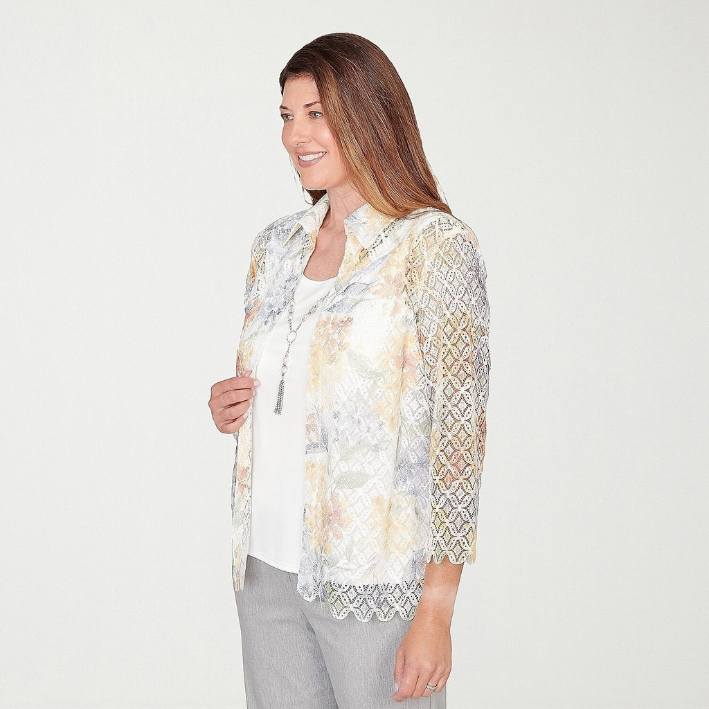 MSRP $69 Alfred Dunner Al Fresco Womens L Yellow Multi 3/4 Sleeve Layered Top