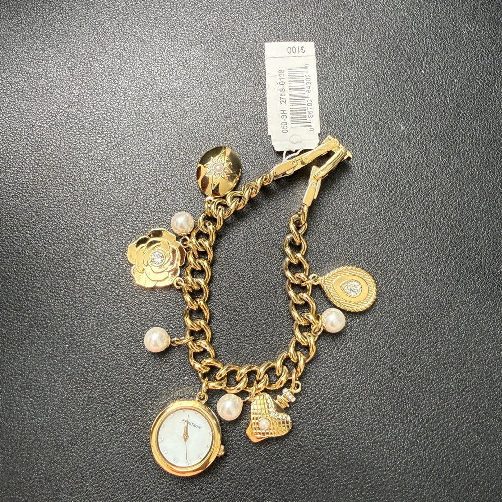 MSRP $100 Armitron 75/5684GP Women's Gold Tone Charm Dangle Bracelet Watch New