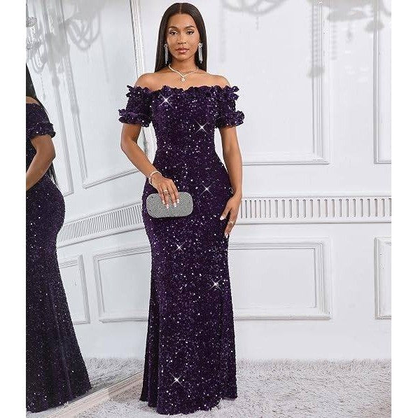 MSRP $79 dasmzper Womens M Purple Sequin Off Shoulder Ruffle Mermaid Maxi Dress