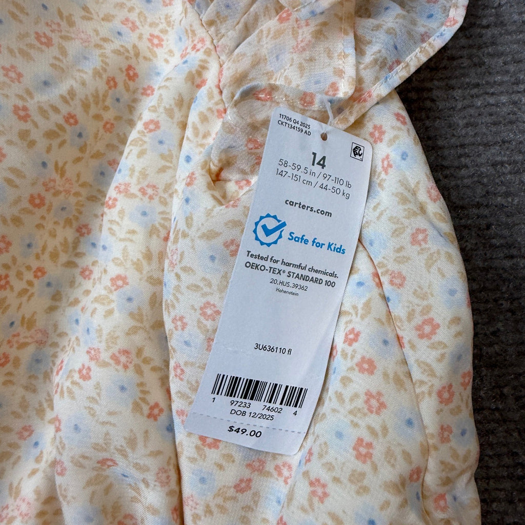 MSRP $49 Carter's Kid Girls 14 Peach Floral Print A-Line Dress Flutter Short