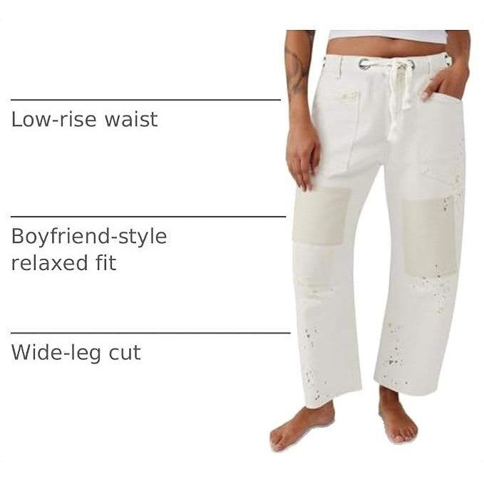 PLNOTME Womens 8 White Baggy Barrel Horseshoe Jeans Wide Leg Patchwork