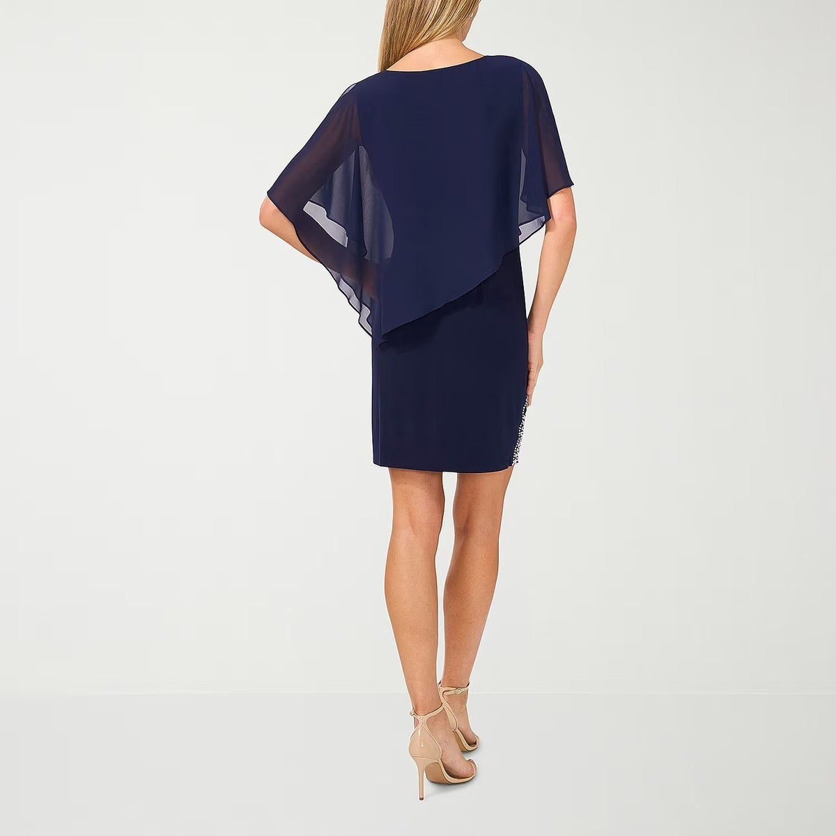 NWT MSK Womens S Navy Round Neck 3/4 Sleeve Beaded Sheath Dress