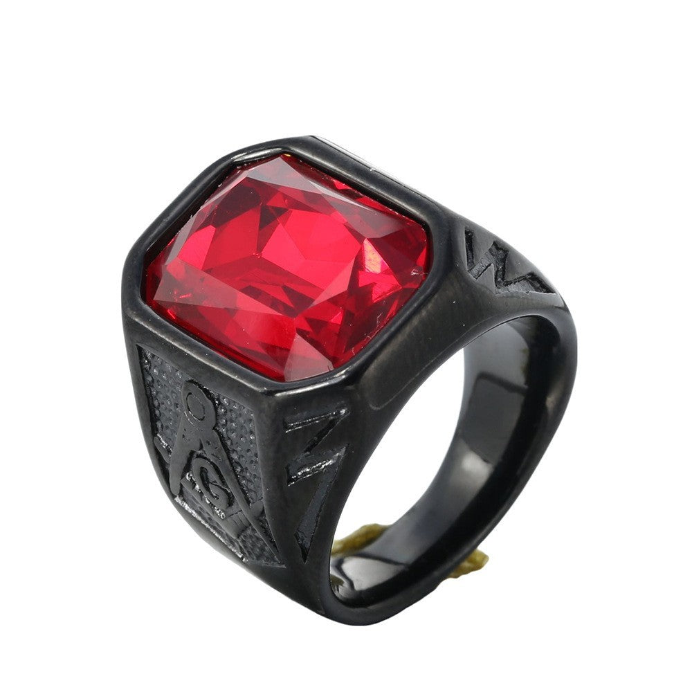 Mens Red CZ Stone Masonic Ring Black Stainless Steel Freemason Jewelry Size 8-12
