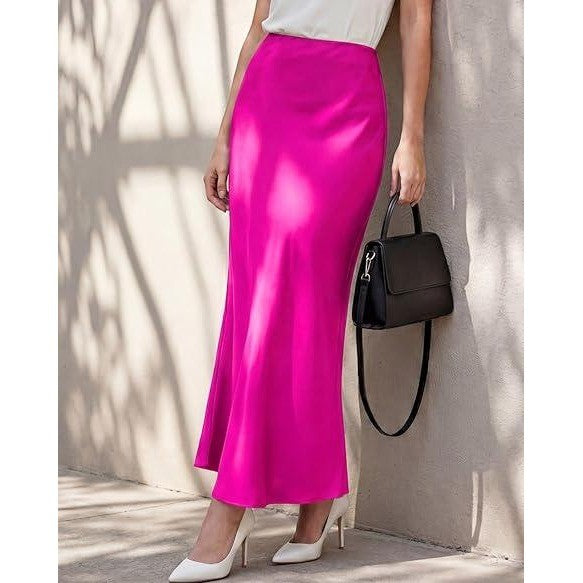 MSRP $48 TEDDIFY Women's S Hot Pink Satin Maxi Skirt High Waisted Elastic Waist