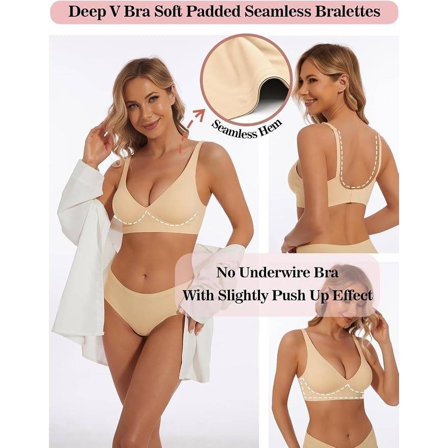 MSRP $19 BOUFOR Women's L Deep V Bra Wireless Sexy Push Up Bralette Padded