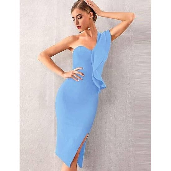 UONBOX Women's XS Light Blue One Shoulder Sleeveless Side Split Bandage Dress