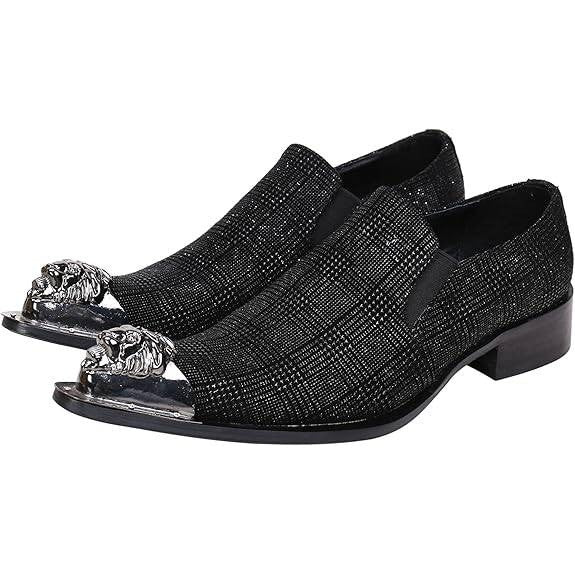 Santimon Men's US 9.5 Black Textured Metal Tip Pointed Toe Loafers Dress Shoes