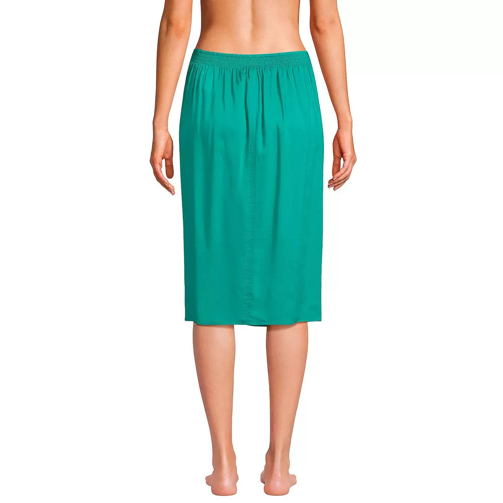 Lands' End Women's Sheer Twist Front Knee Length Swim Cover-up Skirt Island