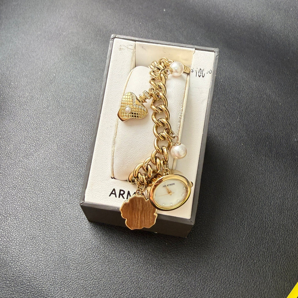 MSRP $100 Armitron 75/5684GP Women's Gold Tone Charm Dangle Bracelet Watch New