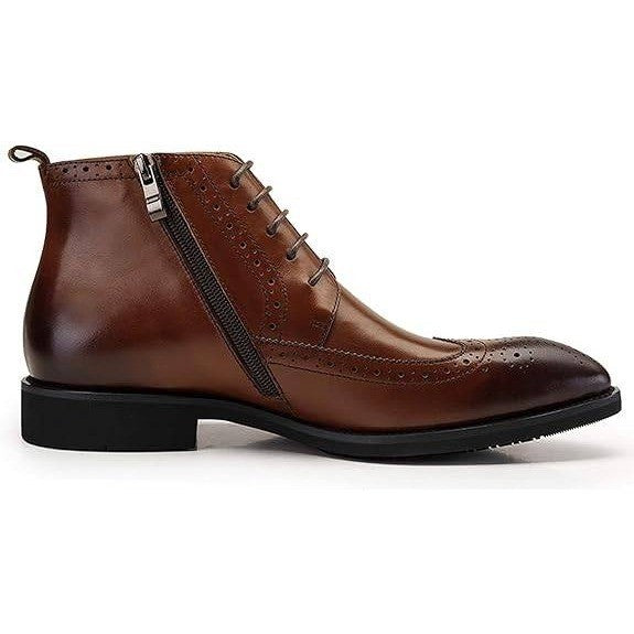 Santimon Men's US 9 Brown Wingtip Pointed Toe Lace Up Ankle Dress Boots Side Zip