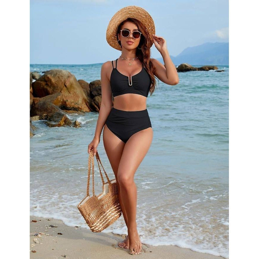 MSRP $35 BMJL Women's S Black High Waisted Bikini Set Tummy Control Swimsuit