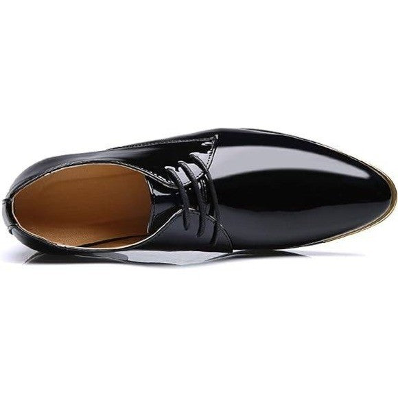 Santimon Men's US 8 Black Patent Leather Lace Up Pointed Toe Oxford Shoes