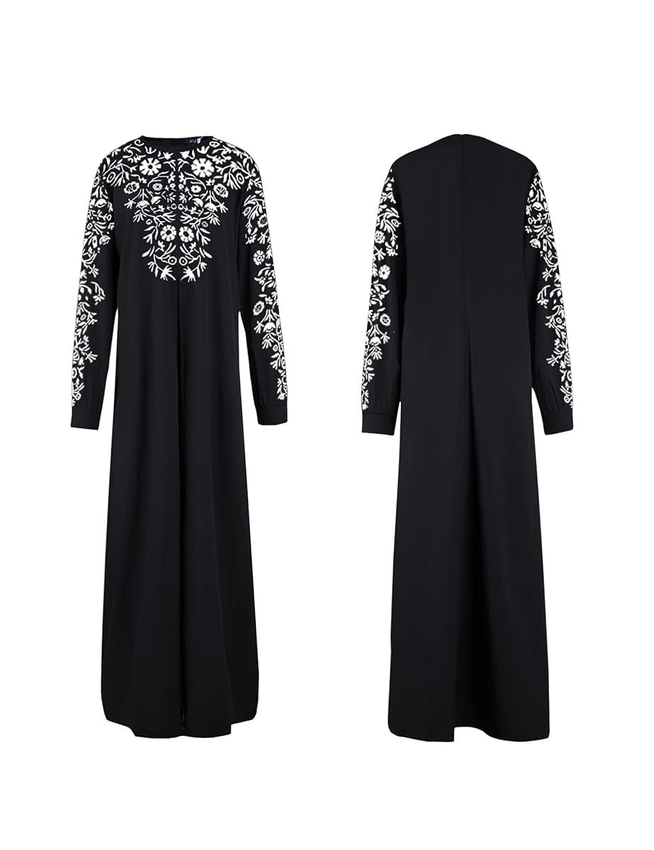 Abetteric Womens L-3XL Floral Printed Maxi Dress w/ Hijab Muslim Abaya Long Slee