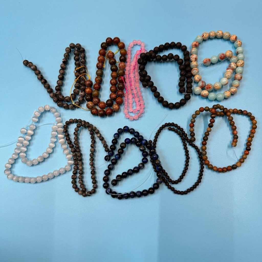 Set of 10 Natural Gemstone Round Beads Strands 15" Sizes 6,8,10 mm 12oz №B24