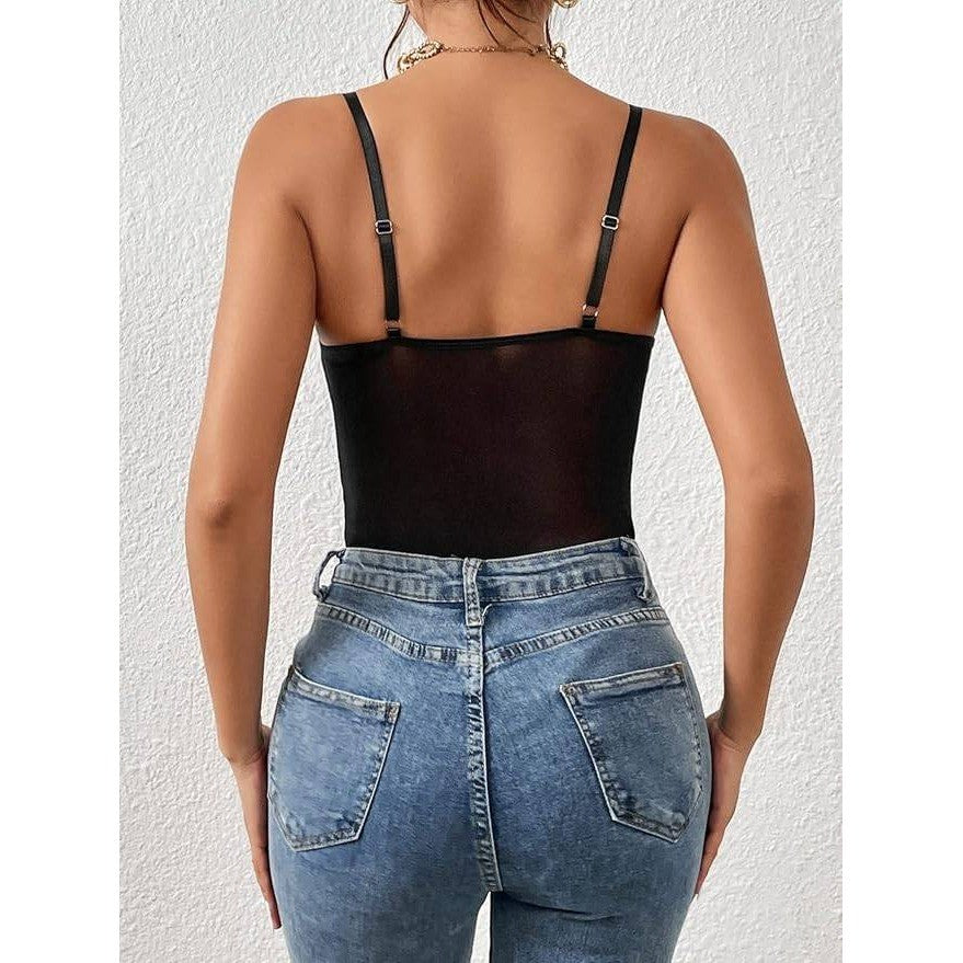 MSRP $39 Milumia Women's M Black Sexy Mesh Lace Bodysuit Spaghetti Strap Busti