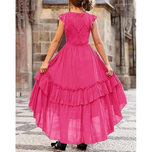 MSRP $46 HOSIKA Girls Rose Red 10-11Y Lace Boho Flower Girl Dress Ruffle Sleev