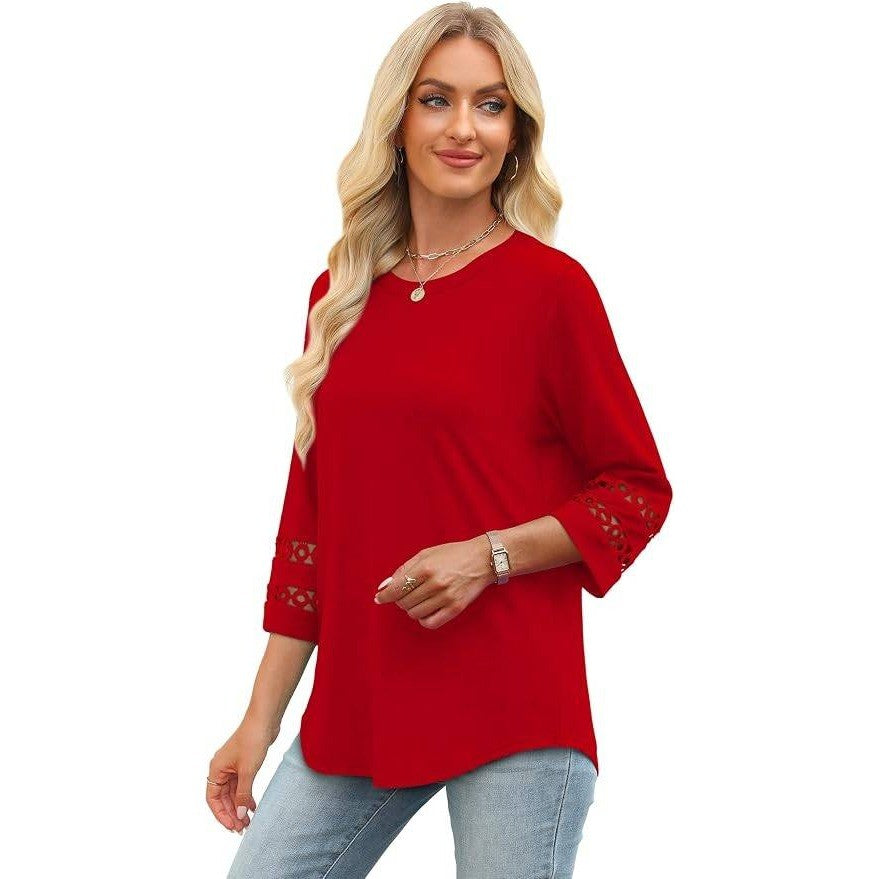 XIEERDUO Women's M 3/4 Length Sleeve Top Crewneck T-Shirt Loose Fit Blouse Red