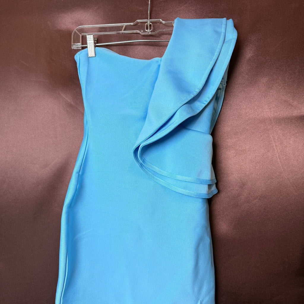 UONBOX Women's XS Light Blue One Shoulder Sleeveless Side Split Bandage Dress