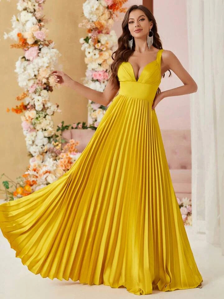 SHEIN Belle Elegant Pleated Eye-Catching Yellow Women's Sz M 6 Evening Cami Dres