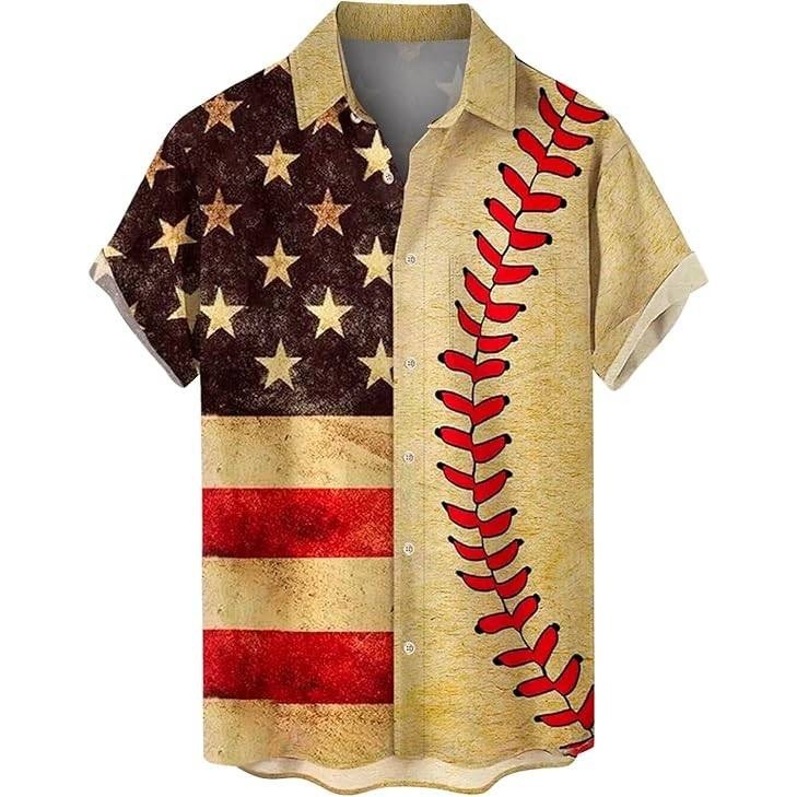Men's M American Flag Baseball Button Up Shirt Short Sleeve USA Patriotic Casual