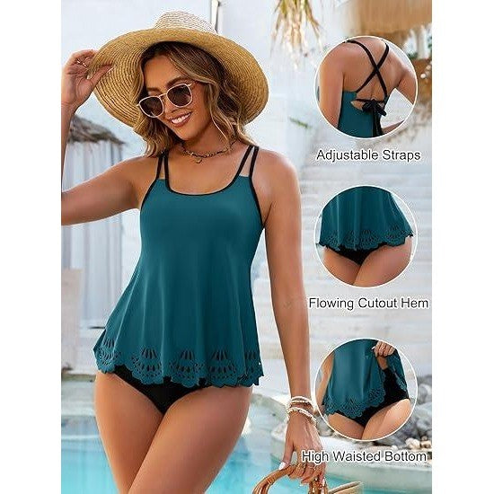 MSRP $39 Blooming Jelly Women's M Blue Green Tummy Control Tankini Swimsuits