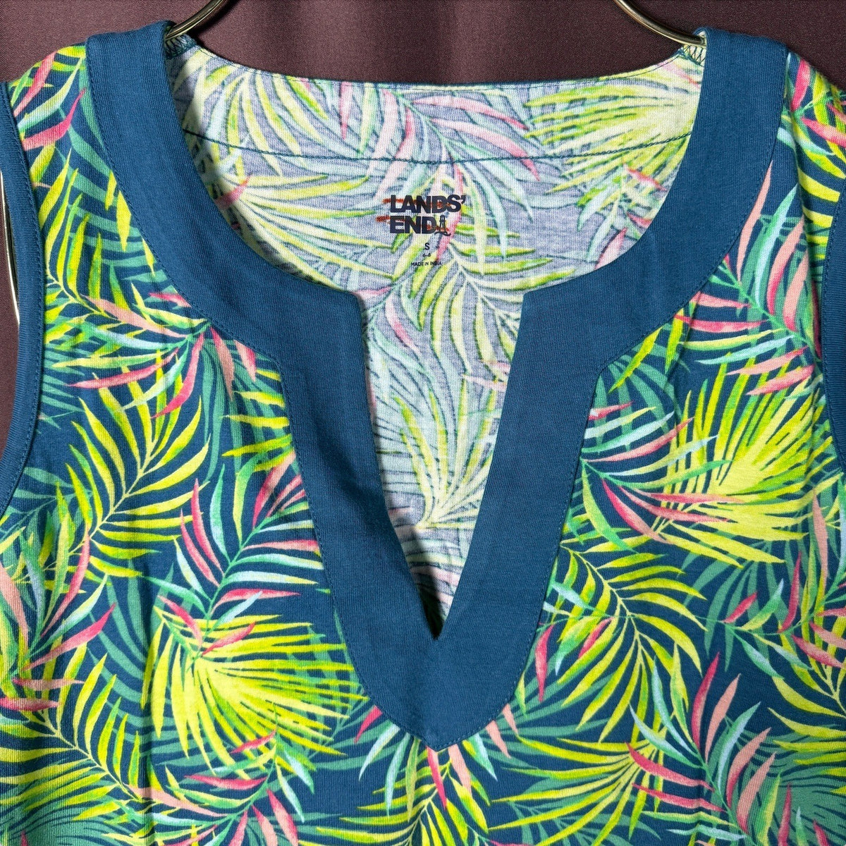 Lands' End Women's S Baltic Teal Palm V Neck Sleeveless Swim Cover-up Dress Knee