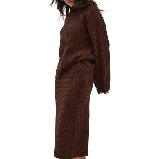 MSRP $52 CHYRII Womens L Coffee 2 Piece Outfit Oversized Sweater Top & Skirt S