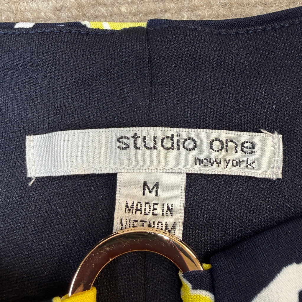 MSRP $89 Studio One Womens M Navy Yellow Keyhole Neck Maxi Dress Sleeveless