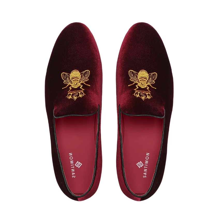 Santimon Men's US 6.5, 7.5 Red Velvet Loafers Gold Tone Embroidery Casual Shoes