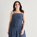 MSRP $58 A.N.A Womens 1X Dark Stone Wash Smocked Square Neck Sleeveless Tank Top