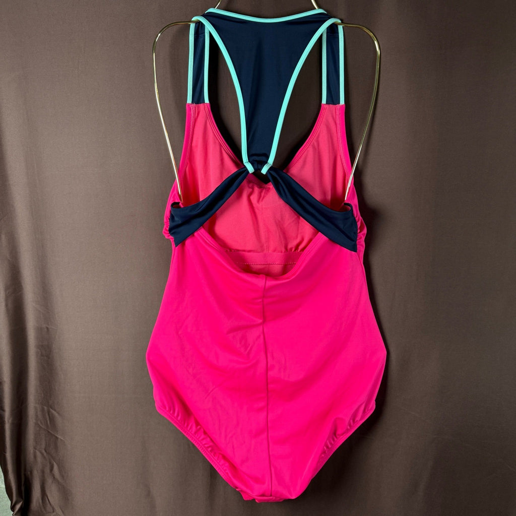 Lands' End Women's 10 Hot Pink/Navy V-Neck Racerback One Piece Swimsuit