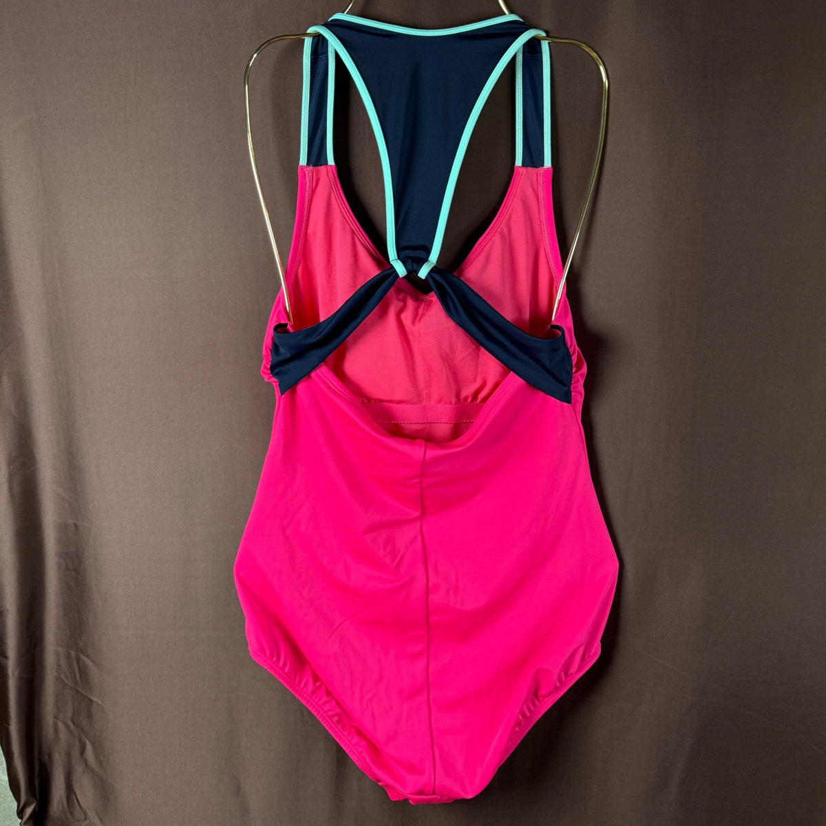 Lands' End Women's 10 Hot Pink/Navy V-Neck Racerback One Piece Swimsuit