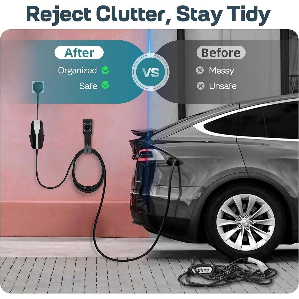 Tesla Charger Holder Black Wall Mount Kit Cable Organizer w/ UMC Indoor/Outdoor