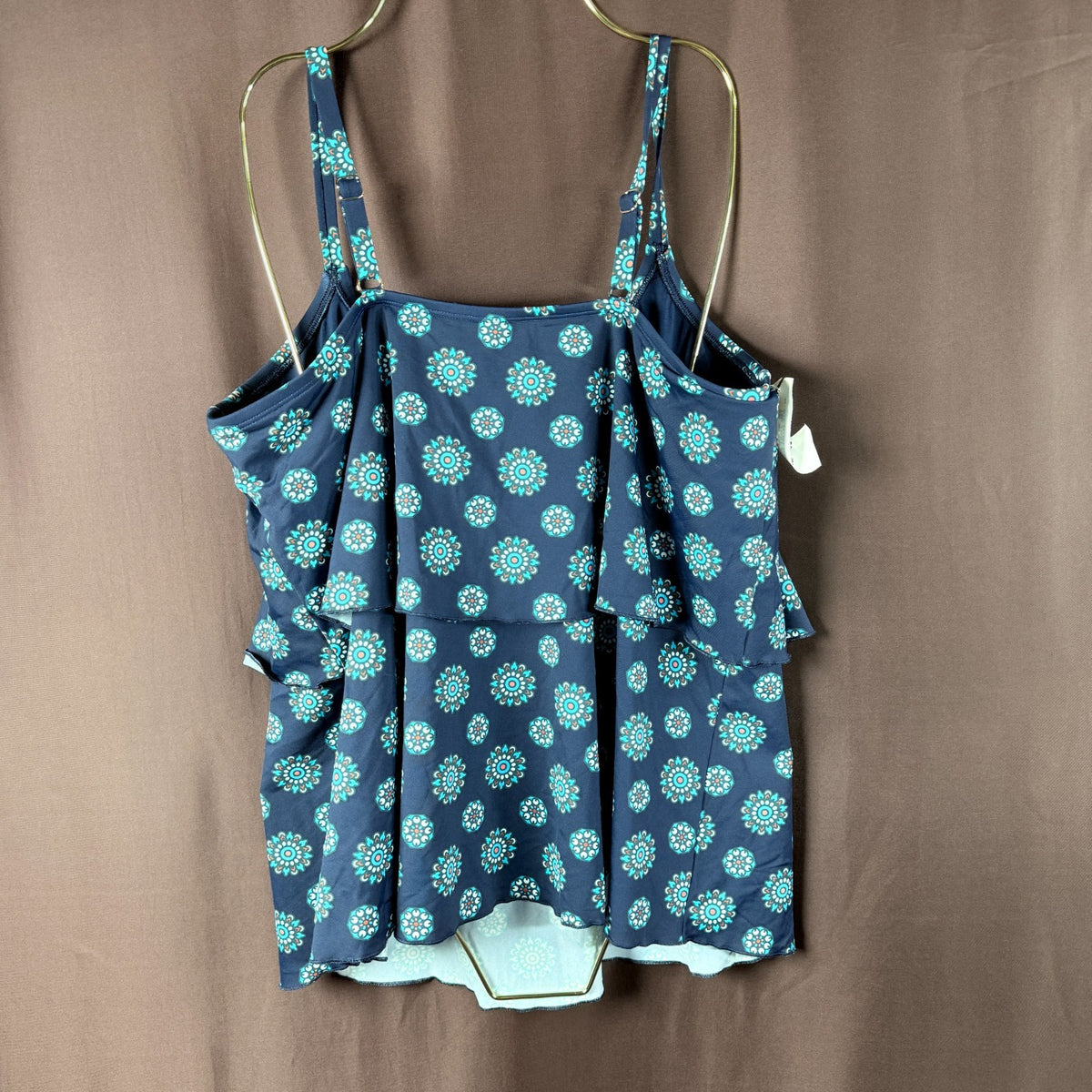 Lands' End Women's L Scoop Neck Tiered Tankini Swimsuit Top Navy Encircle Geo  P
