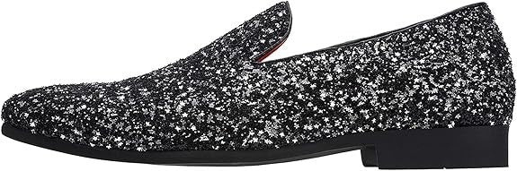 Santimon Mens US 8 - 11 Black Slip On Sequins Glitter Smoking Loafers Dress Shoe