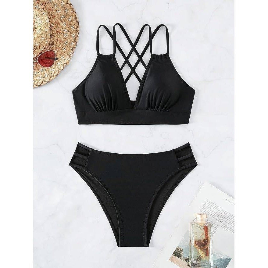 MSRP $37 Tainehs Women's S Black Push Up V Neck Bikini Set Criss Cross Back Two