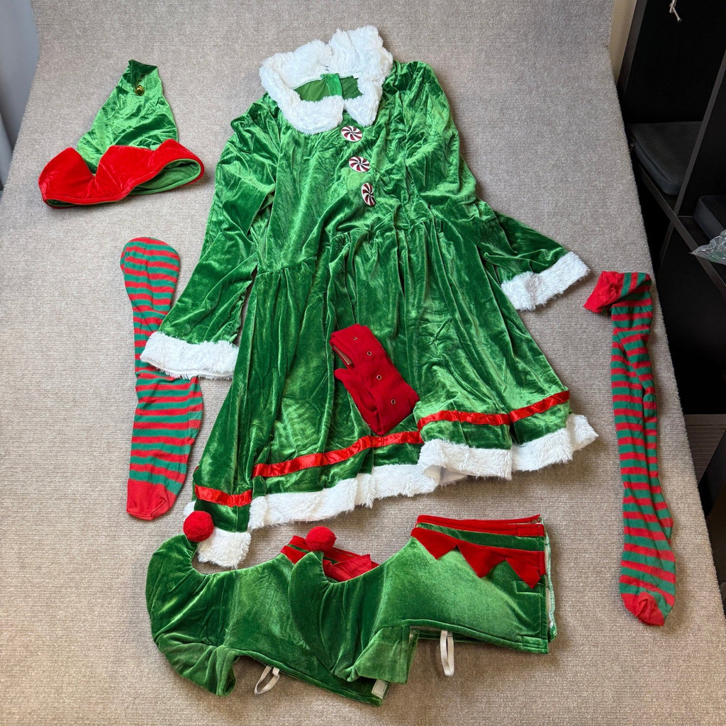 Women's 3XL Elf Costume 5 Pcs Christmas Dress Outfit Adult Elves Suit