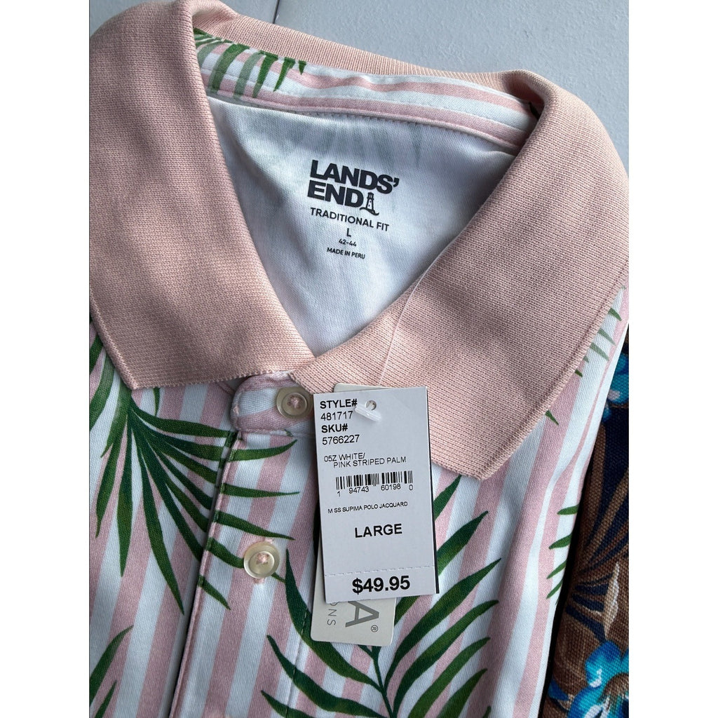 2 Pack Lands' End Mens L Evening Blue Sweater LS & White/Pink Stripe Palm Polo