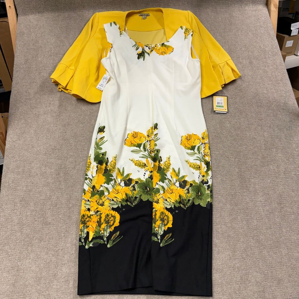 MSRP $94 Maya Brooke Women's 8 Lite Yellow White Crepe Floral Jacket Dress