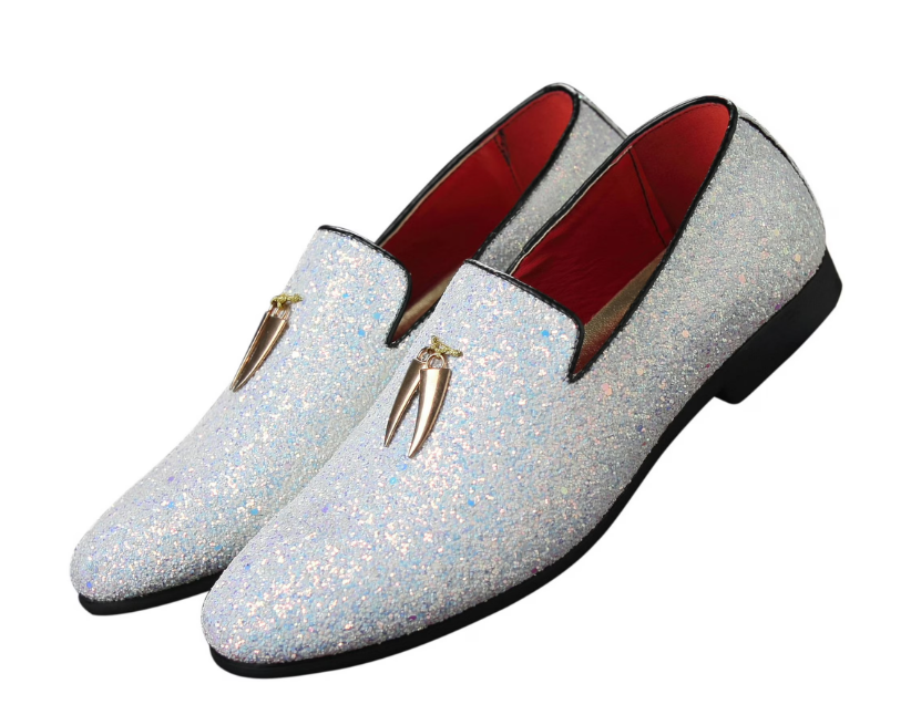 Santimon Men's US 6.5 - 12.5 White Glitter Slip-on Metal Tassels Loafers Shoes