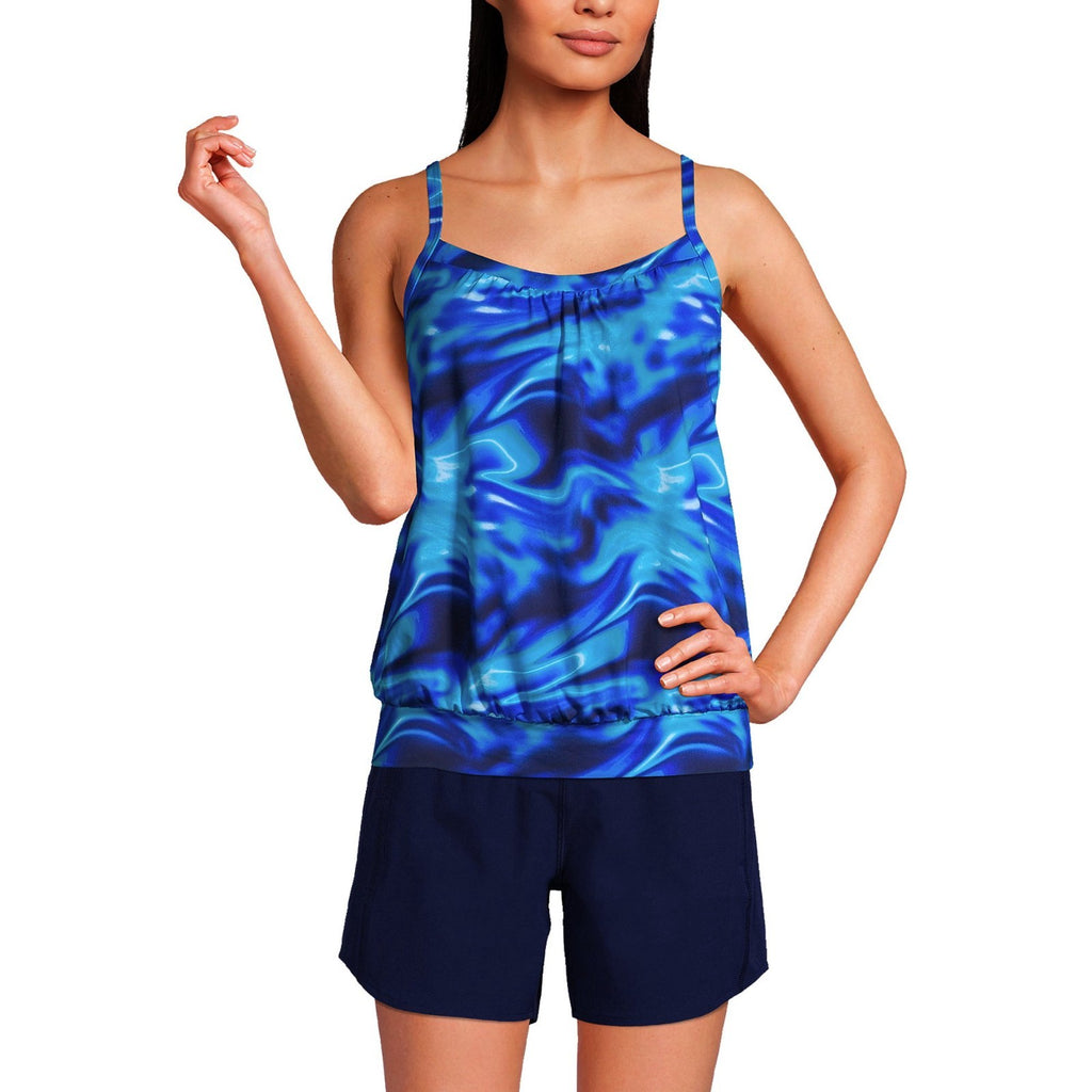 Lands' End Women's 4R-10L Chlorine Resistant Blouson Tankini Swimsuit Top Electr