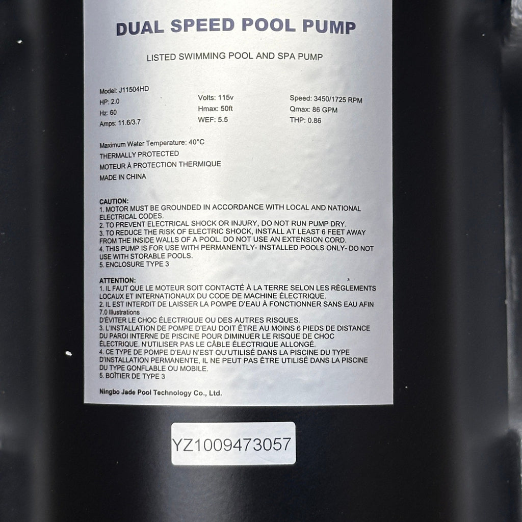 PureBy J11504HD Pool Motor Pump, 2HP Variable 2 Speed 115v 5160GPH Above Groun